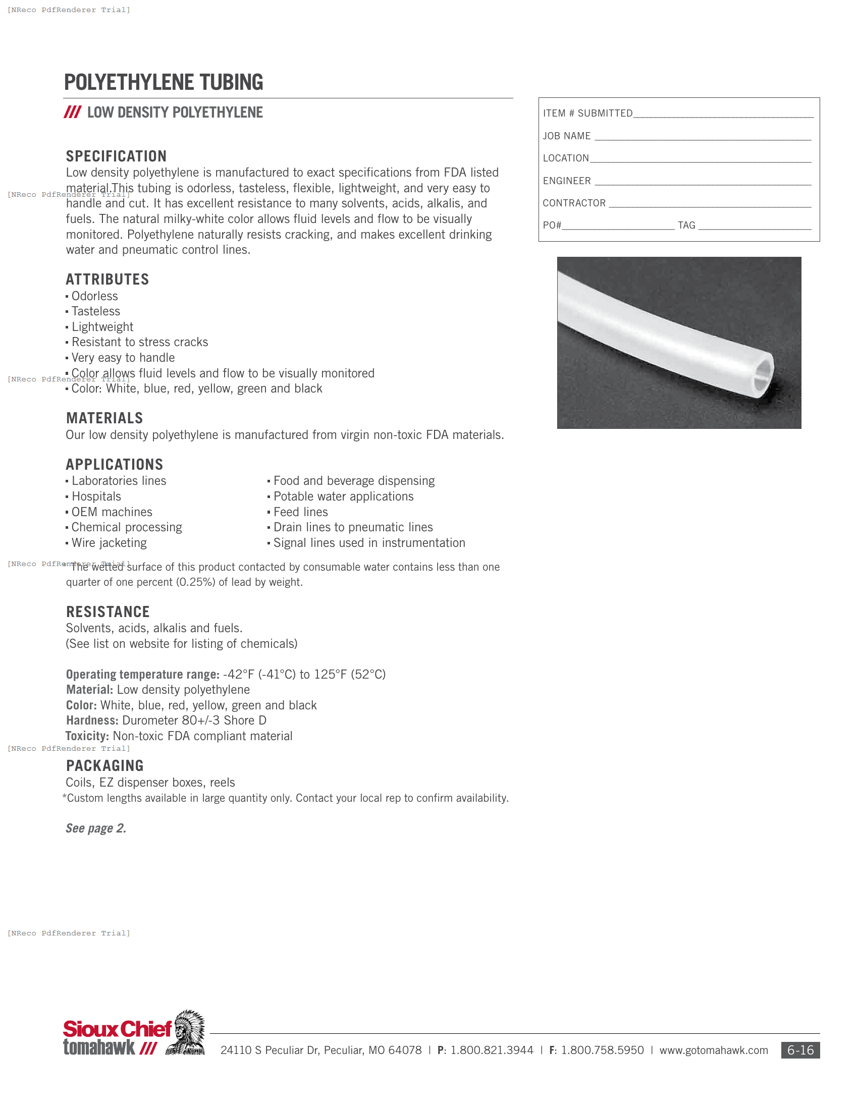 901-03 SERIES - LOW DENSITY POLYETHYLENE TUBING - SPEC SHEET.PDF Specification Document